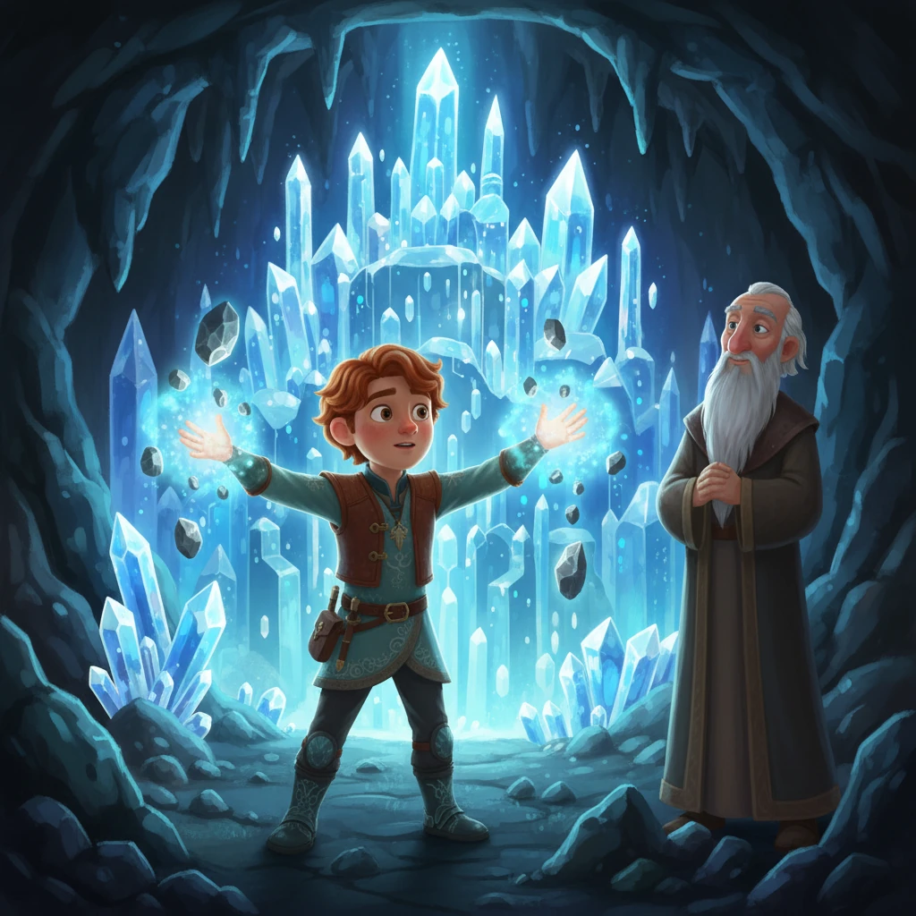 Kael, agora com vestes que mesclam elementos da superfície e do subterrâneo, está treinando para controlar a energia ancestral. Ele levita pequenas pedras e emana um brilho azulado das mãos, sob a tutela de uma figura sábia e paciente. Ao fundo, a cidade de cristais brilha intensamente, refletindo seu novo poder.