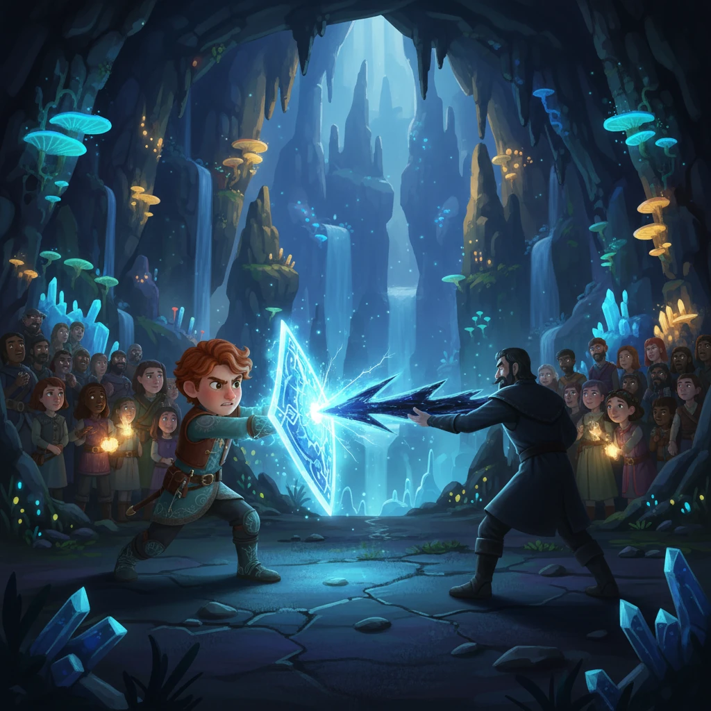 Com os povos do subterrâneo unidos ao seu lado, Kael enfrenta o general traidor em uma batalha épica. A energia ancestral flui através dele, criando um escudo protetor e lançando raios de luz. Ele está determinado a proteger ambos os mundos, com a esperança de um futuro pacífico brilhando em seus olhos.