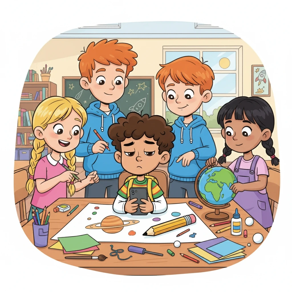 The other students, Sarah, Ben, and Emily, eagerly began sketching out ideas. They planned who would gather materials, who would paint, and who would build the planets. Timmy, however, was on his phone, occasionally glancing up with a bored expression.