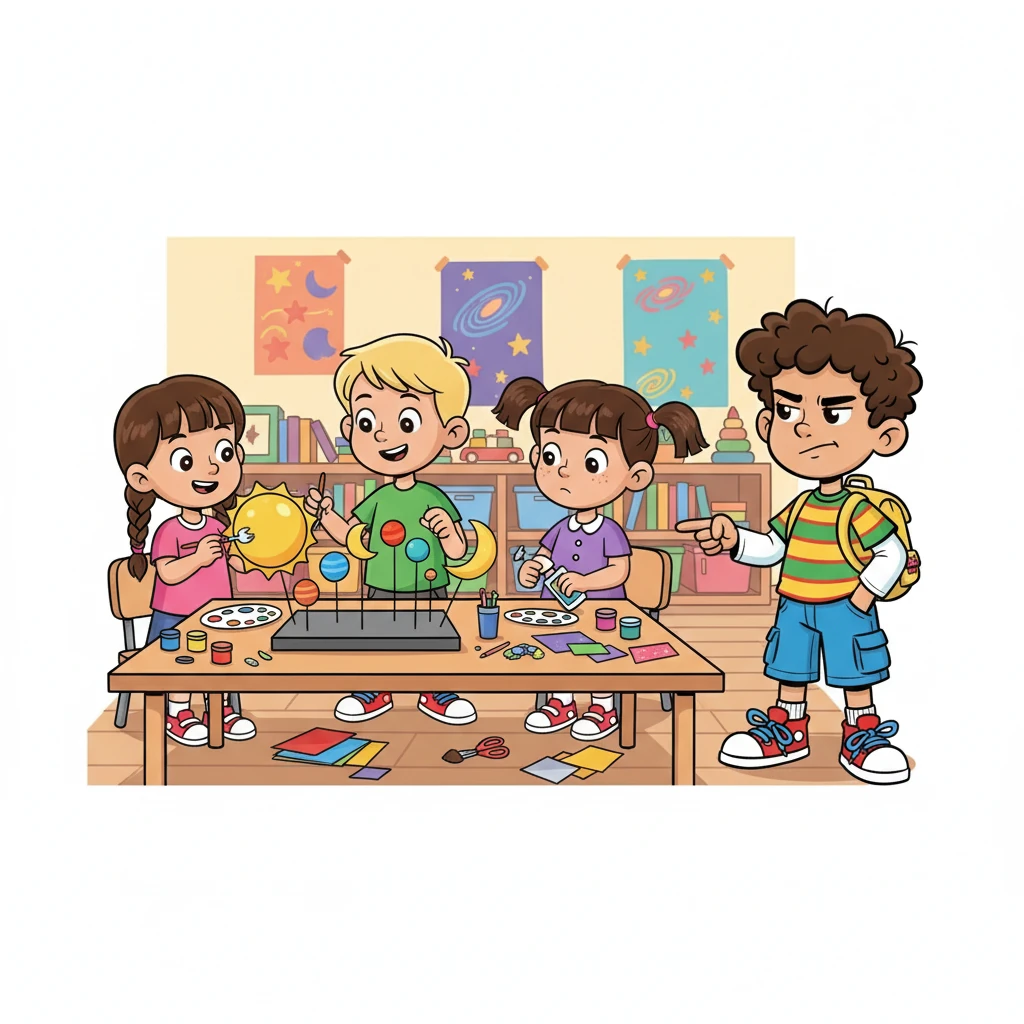 Days turned into a week, and the diorama slowly began to take shape. Sarah, Ben, and Emily worked diligently, building the sun and planets. Timmy would show up late, offer unhelpful comments, and then disappear, claiming he had 'more important things to do.'