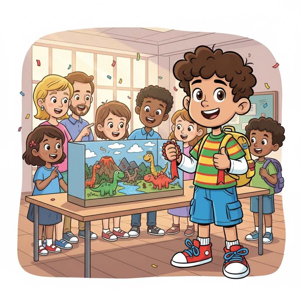 With Timmy now on board, the group worked together, staying late to finish the project. The next day, the diorama was a success! They had learned that working together, despite challenges, creates amazing results. Timmy felt proud and happy.