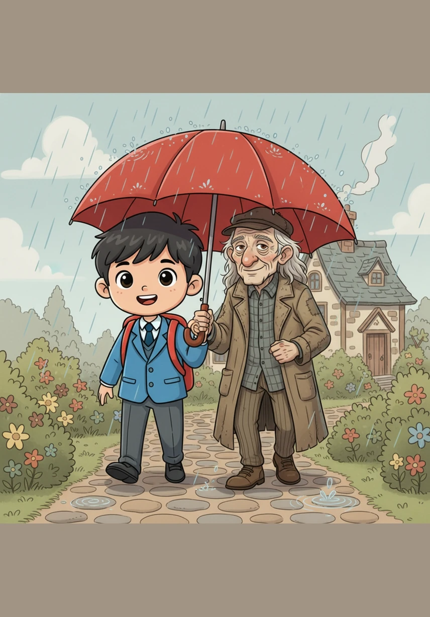 دونوں ایک ہی چھتری کے نیچے چل رہے تھے اور علی ان سے پیاری پیاری باتیں کر رہا تھا۔ اس کی باتوں نے بزرگ کا دل بہلا دیا اور وہ اپنی تھکن بھول گئے۔