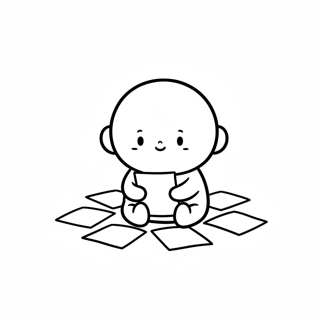 Little Pip loved pages. Pip, a tiny round friend, sat happily surrounded by a few plain white pages, each one a promise of a new adventure. Pip's small, curious eyes sparkled with delight, always searching for more.