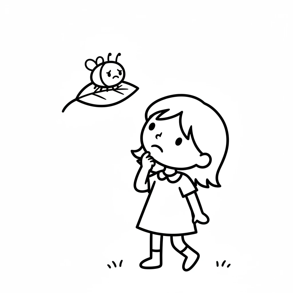 Looking up, Pip saw a tiny bug friend named Buzz sitting all alone. Buzz had a little frown and looked quite sad. Pip wondered what could make Buzz feel better.