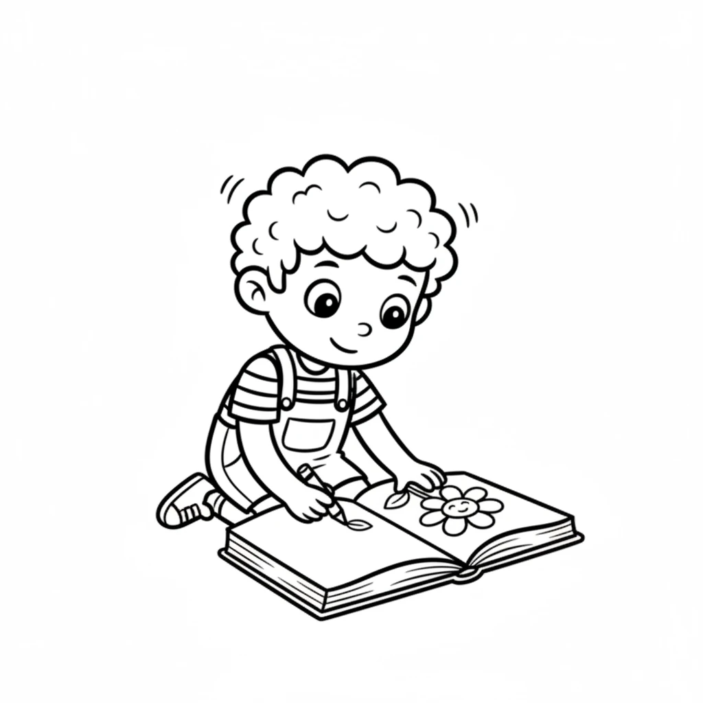 With a tiny crayon, Pip began to draw a simple, happy flower on the special page. Each line was drawn with care, making the petals round and bright. Pip hummed a little tune while drawing.