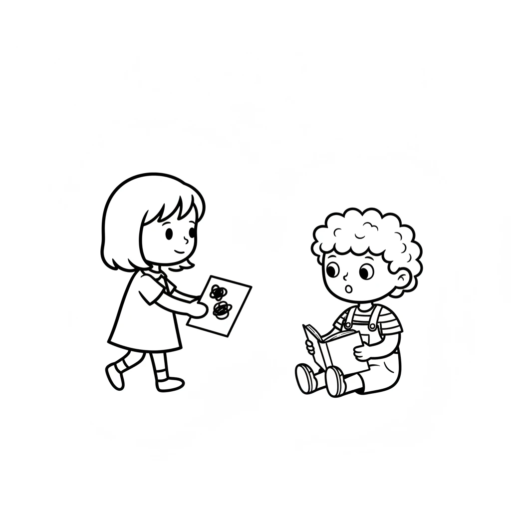 Pip carefully walked over to Buzz, holding out the newly drawn page. "Here," Pip whispered, offering the colorful gift. Buzz looked up, a little surprised.