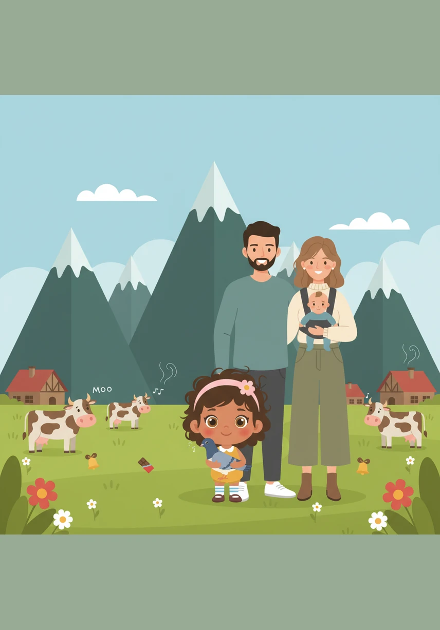 When they finally landed, Mya noticed that the mountains looked like perfect green triangles drawn by someone who really loved shapes. The air smelled fresh and clean, and even the cows in the meadows seemed to moo very politely. Everything felt different and exciting in this new land of chocolate and bells.