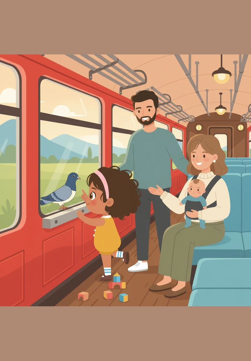 Mya and her parents zoomed through the countryside on a bright red train that whooshed through dark tunnels. She pressed her nose against the glass, shouting "WOW!" at every sparkling lake and every house with colorful flower boxes. Even when the view stayed the same, Mya found something new to be amazed by.