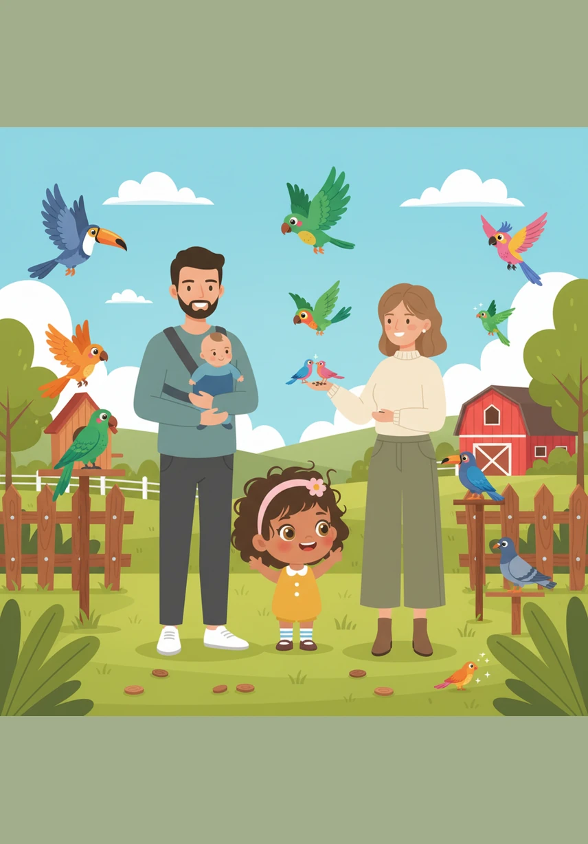 One afternoon, they drove up a winding road to visit a special farm filled with hundreds of birds. Mya gasped when she saw the pigeons shimmering in the sunlight with feathers of purple, green, and silver. They strutted around the wooden coops like tiny, feathery kings and queens.