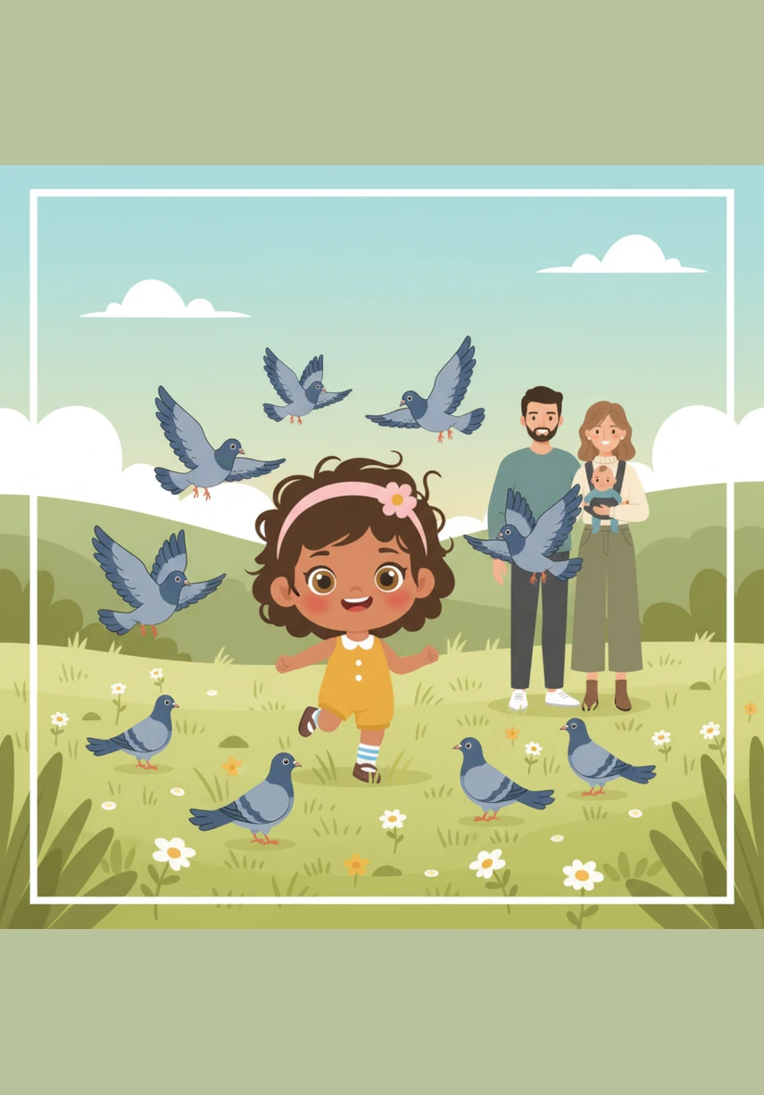 Mya spent the whole day giggling and running through the soft grass as the pigeons followed her everywhere. She felt so loved when they landed nearby, acting as if they had chosen her specifically to be their playmate. When it was time to leave, she promised her new friends she would see them tomorrow.