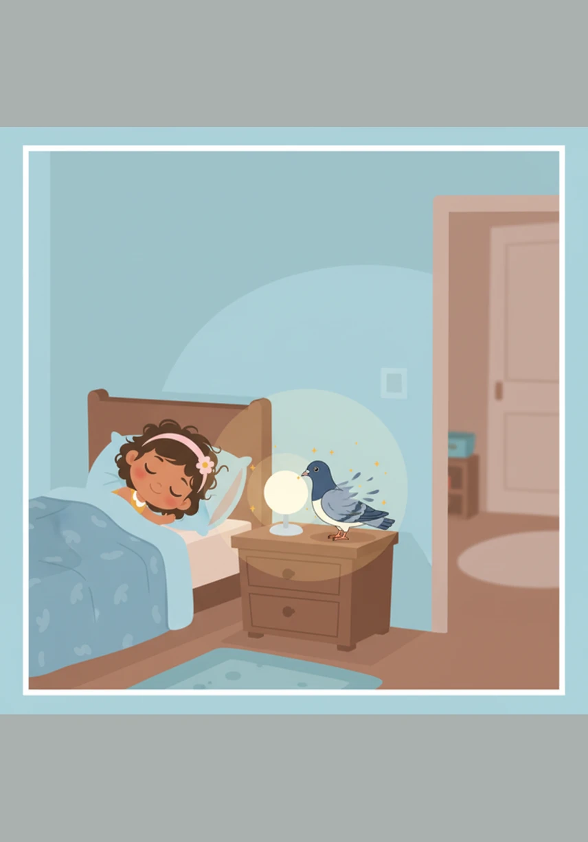 That night, Mya insisted that her feathered friend stay right beside her bed while she slept. As she drifted off, the pigeon began to shimmer under the soft glow of her nightlight, its feathers turning into soft fabric. In the quiet of the night, a magical transformation was taking place right on her nightstand.