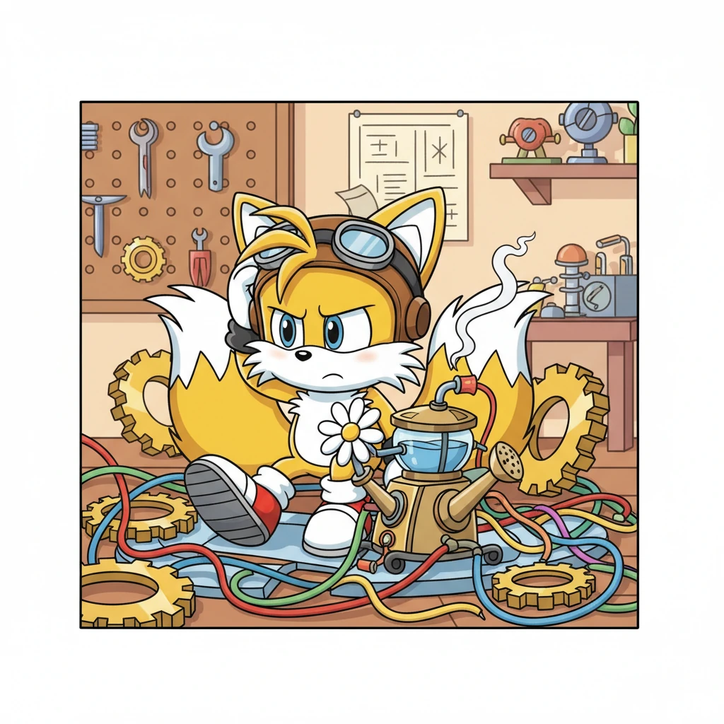 Tails sat amidst a tangle of wires and gears in his workshop, a puzzled look on his face. His latest invention, a super-duper flower waterer, wasn't quite working right, and a tiny puff of smoke sometimes escaped. He scratched his head with one of his fluffy tails, feeling a little stuck.