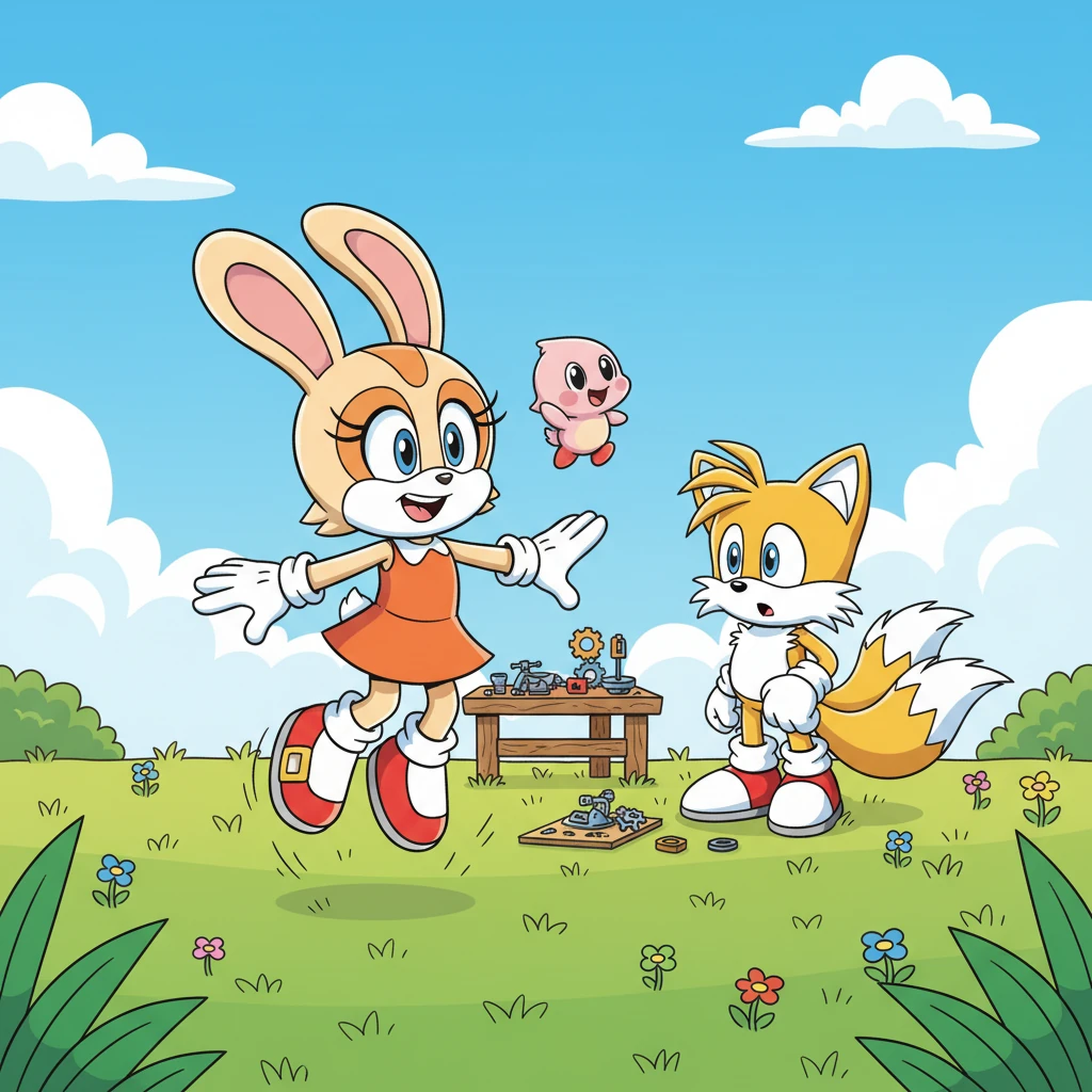 Just then, Cream the Rabbit bounced in, her cheerful smile lighting up the room. Her Chao friend, Cheese, floated happily beside her. Cream suggested they take a break from inventing and explore the sunny meadows outside, promising it might spark new ideas.