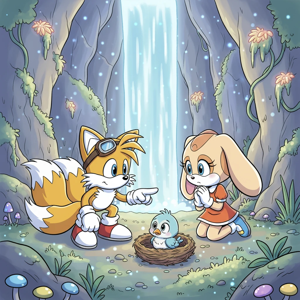 Tails eagerly agreed, and together they ventured into a vibrant field bursting with colorful flowers. Hidden behind a giant, sparkling mushroom, they discovered a secret entrance to a shimmering grotto. Inside, luminous plants glowed softly, revealing a tiny, lost baby bird.