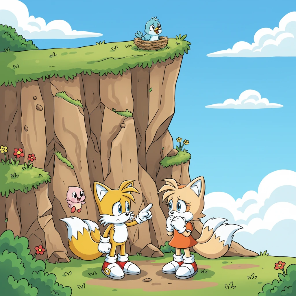 The baby bird chirped sadly, its nest high up on a slippery, moss-covered cliff face. Tails and Cream knew they had to help, but the cliff was too steep and crumbly for them to climb directly. They looked at each other, determined to find a solution.