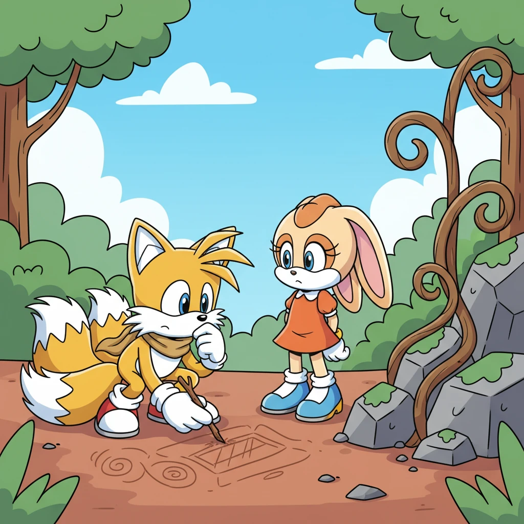Tails, ever the inventor, started sketching ideas in the dirt with a twig, thinking of clever contraptions. Cream, with her gentle nature, observed the surroundings carefully, noticing a series of sturdy, looping vines hidden among the rocks, perfect for a makeshift lift.