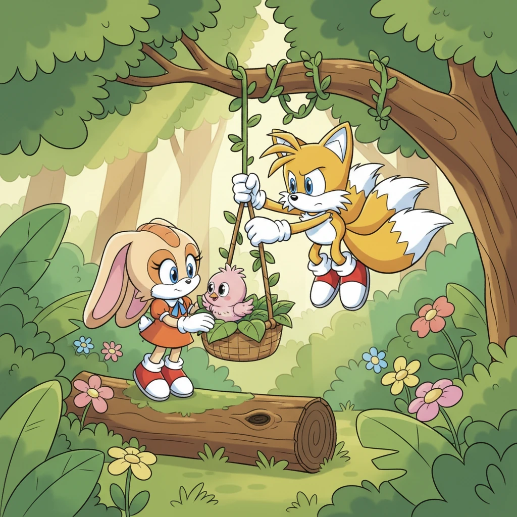 Combining their ideas, Tails quickly fashioned a small, soft basket from nearby leaves and twigs, while Cream carefully guided the baby bird inside. Tails then used his twin tails to spin a vine around a sturdy branch, creating a pulley system to gently lift the basket.
