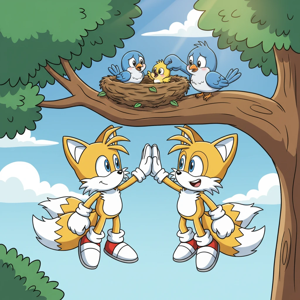 With a triumphant cheer, they safely returned the baby bird to its cozy nest, where its worried parents were waiting. The little bird chirped happily, snuggling into its home, and Tails and Cream exchanged joyful high-fives, proud of their teamwork.