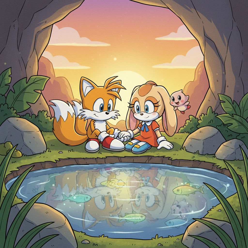 As the sun began to set, casting warm, golden hues across the grotto, Tails and Cream sat by a shimmering pond. They watched the glowing fish swim by, sharing quiet smiles and appreciating the beauty of the moment and their wonderful friendship.