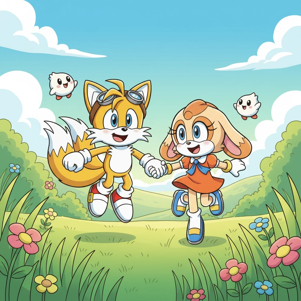 Hand in paw, Tails and Cream skipped back through the meadows, feeling lighthearted and content. The adventure had filled them with warmth and happiness, making their friendship feel even stronger and more special.