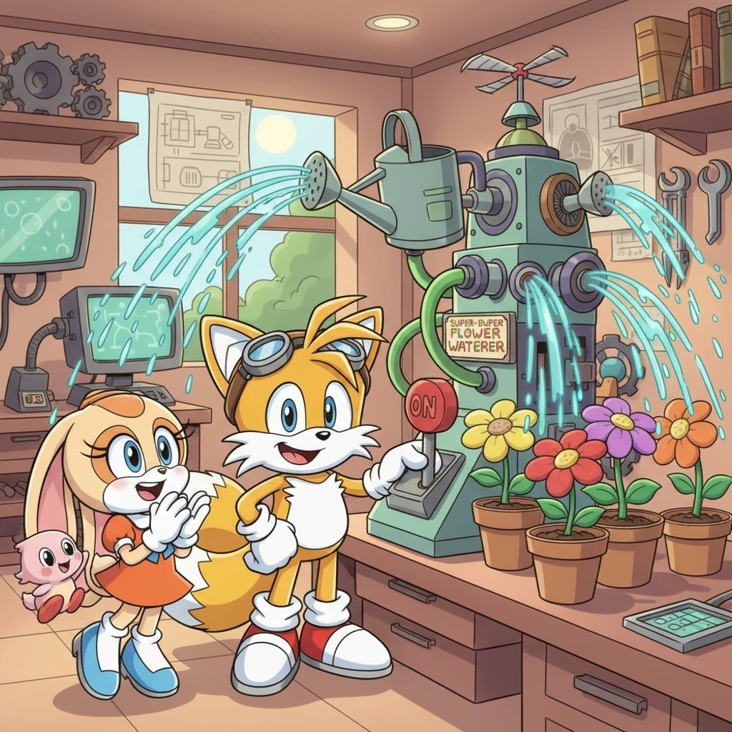 Back in Tails' workshop, he felt a surge of inspiration. With a renewed focus, he quickly adjusted a few wires, and his super-duper flower waterer whirred to life perfectly! Cream clapped her hands with delight, proud of her brilliant friend.