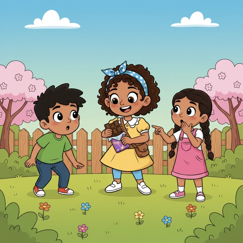 Sofía, con su brillante cabello castaño y una sonrisa contagiosa, jugaba en el jardín con sus amigos Leo y Maya. De repente, sacó una reluciente barra de chocolate con un envoltorio misterioso.