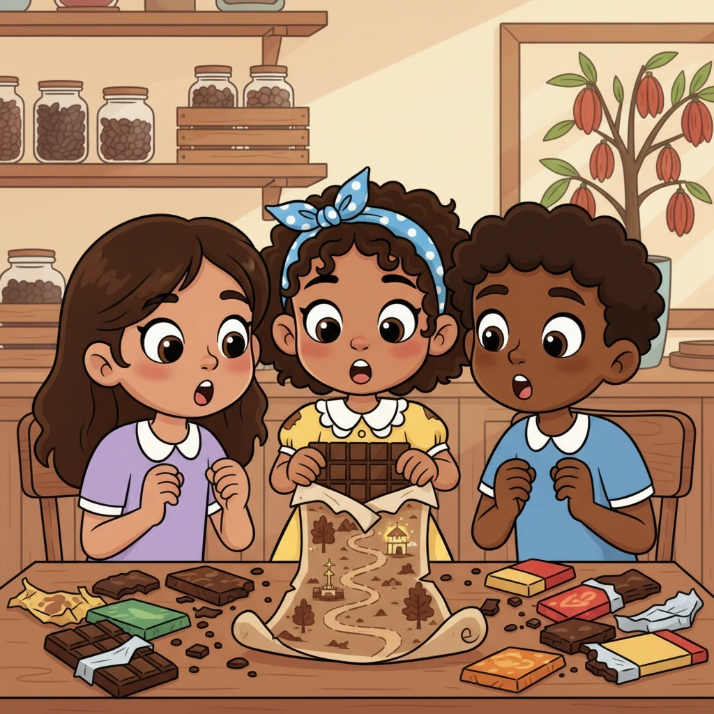 Al desenvolver el chocolate, un pequeño mapa hecho de papel de cacao se deslizó, mostrando un camino hacia 'El Jardín Secreto del Cacao'. Los ojos de los tres amigos se abrieron de asombro.