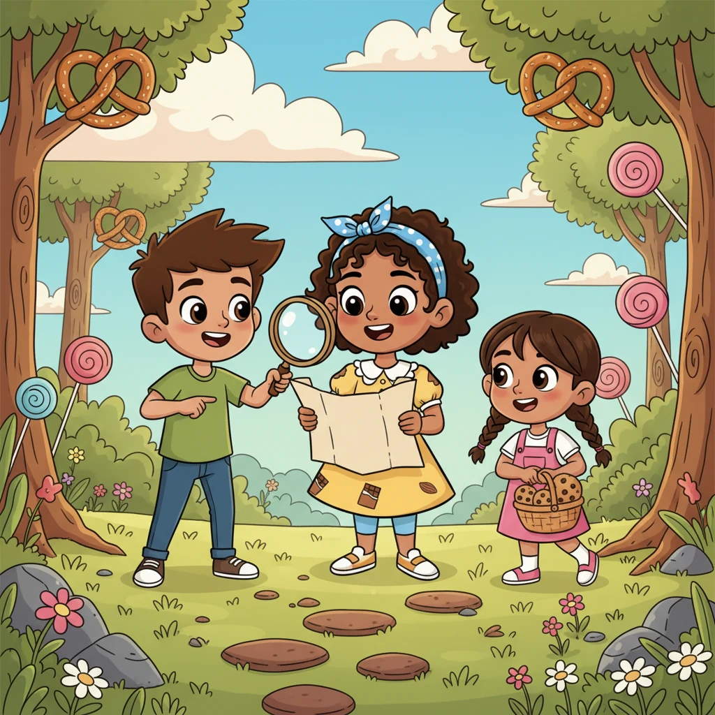 Llenos de emoción, Sofía, Leo y Maya decidieron seguir el mapa. Prepararon una pequeña cesta con galletas y una lupa, listos para su dulce expedición.