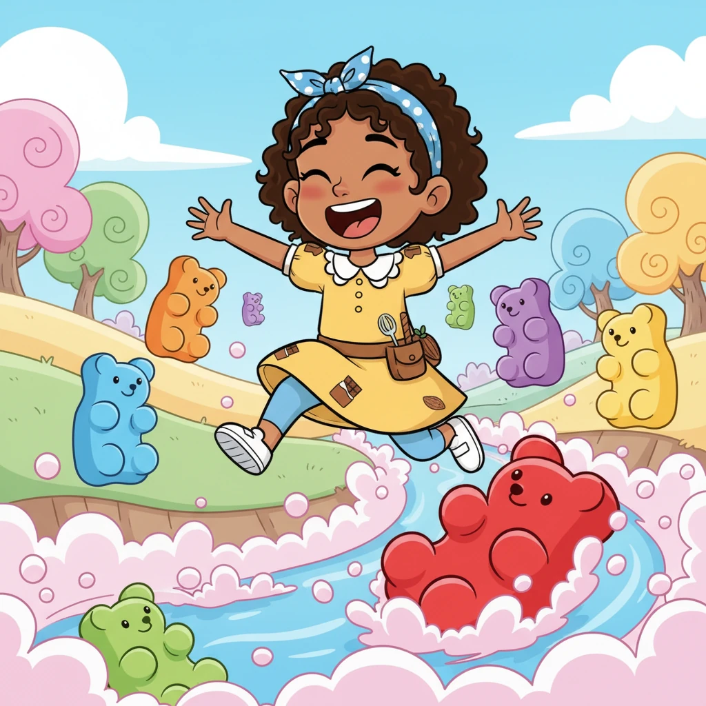 Su primer desafío fue cruzar un río burbujeante lleno de gominolas de todos los colores. Riendo a carcajadas, saltaron con cuidado de una gominola a otra para no caer.