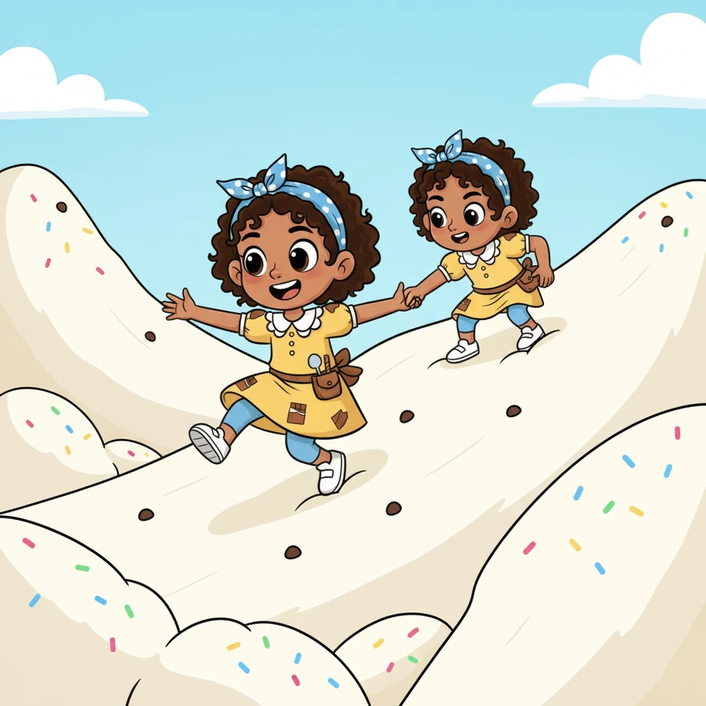 Después, se encontraron con unas suaves montañas de malvaviscos. Rebotaron y se deslizaron por ellas, ayudándose mutuamente a escalar los dulces y esponjosos picos.