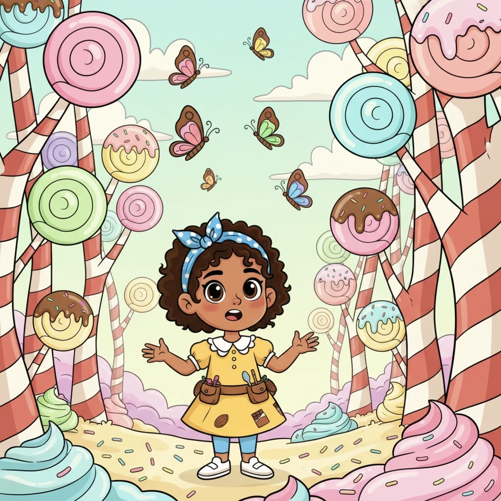 Entraron en un bosque mágico donde los árboles tenían piruletas gigantes por hojas y bastones de caramelo por troncos. Mariposas con alas de chocolate revoloteaban a su alrededor.