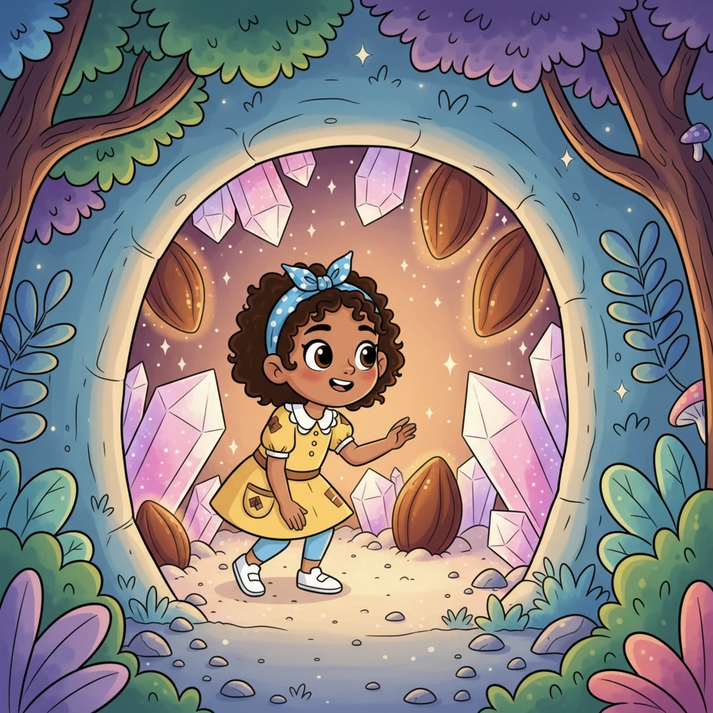 En lo profundo del bosque, descubrieron una acogedora cueva que brillaba con cristales de azúcar. Dentro, unos granos de cacao emitían una luz suave, sugiriendo un secreto mágico.