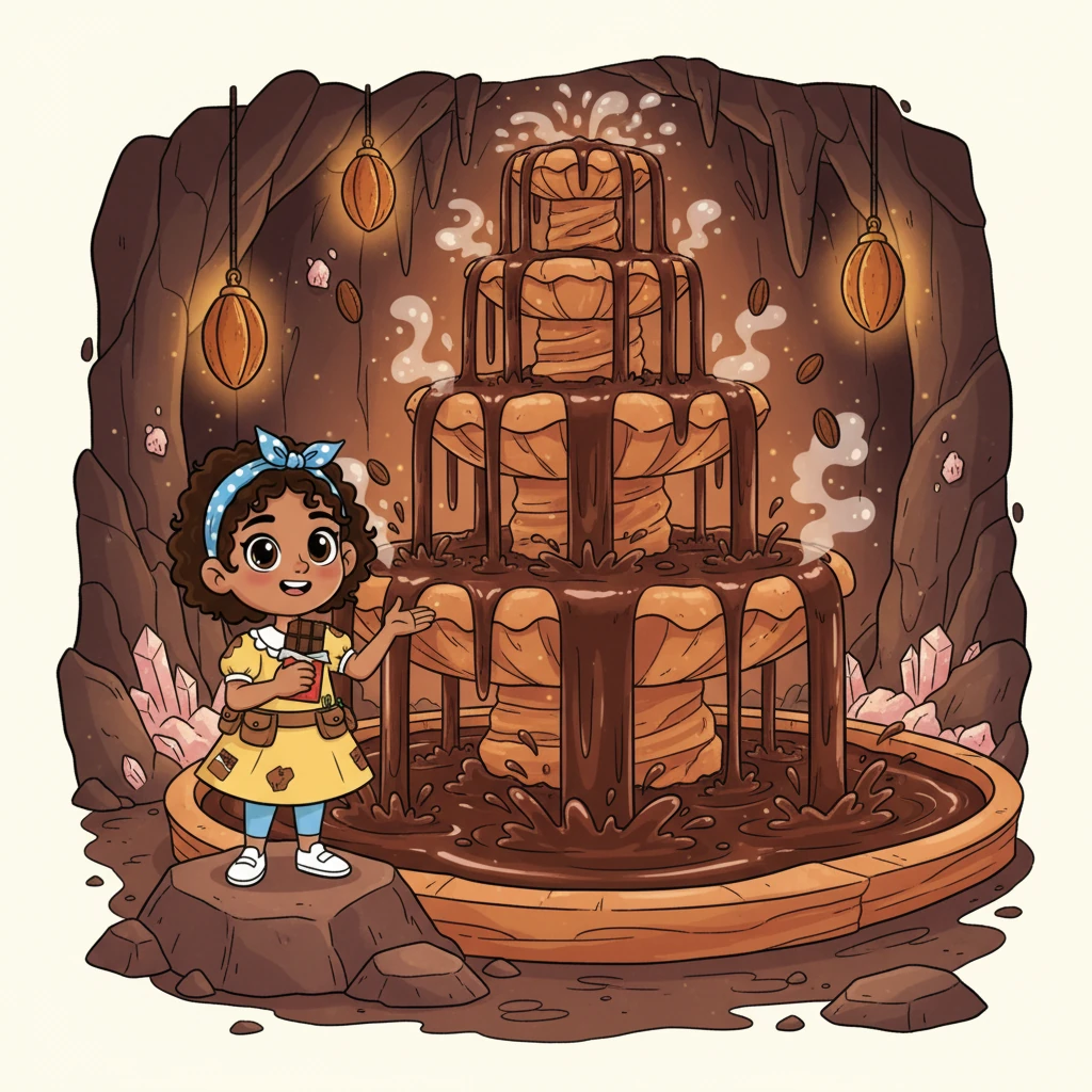 En el corazón de la cueva, una magnífica fuente de chocolate burbujeaba y fluía, llenando el aire con un aroma delicioso. ¡Era la fuente de todo el chocolate mágico!