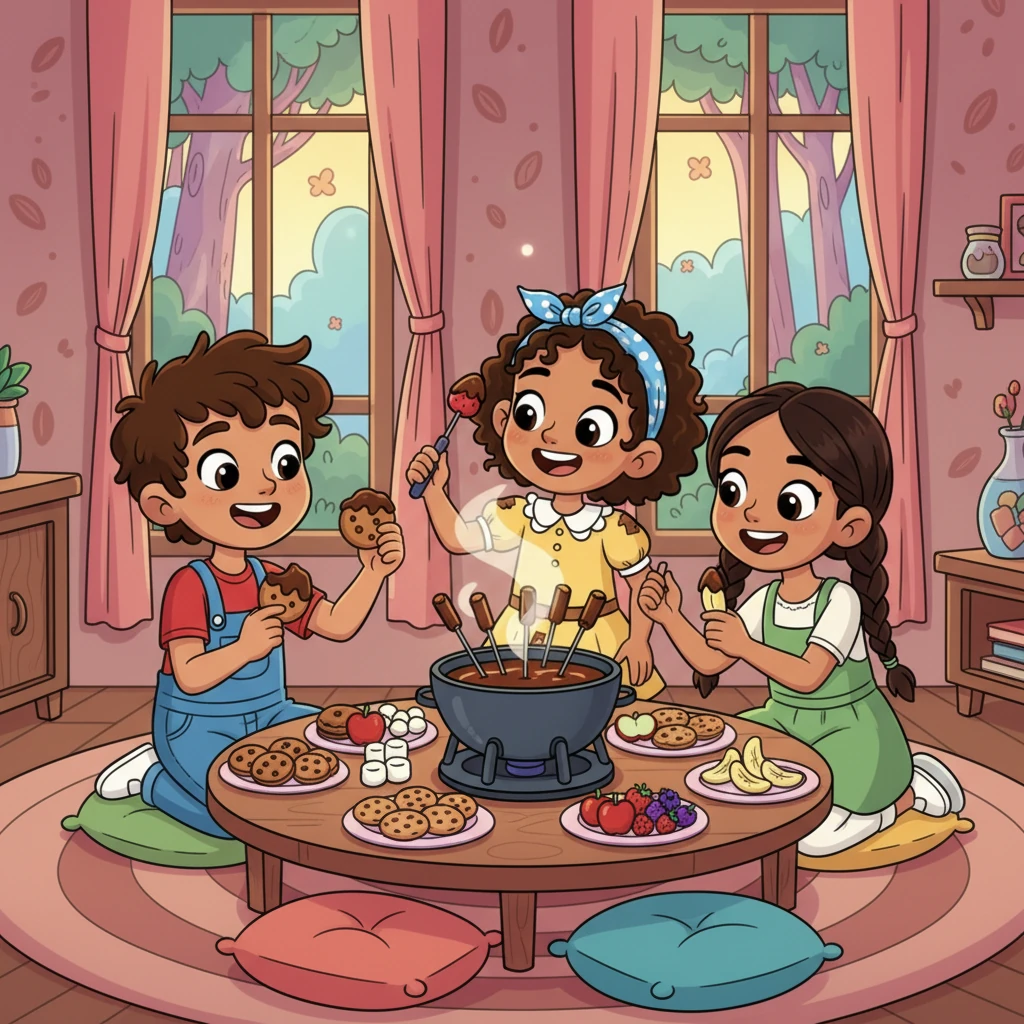 Sofía, Leo y Maya sumergieron galletas y frutas en el cálido chocolate, compartiendo mordiscos y risas. Se sentían como verdaderos exploradores del chocolate, creando recuerdos inolvidables.