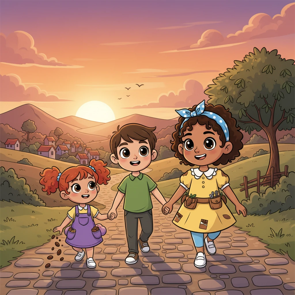Al atardecer, los amigos regresaron a casa, con el corazón lleno de alegría y los bolsillos con algunos granos de cacao brillantes. ¡Ya estaban soñando con su próxima choco aventura!