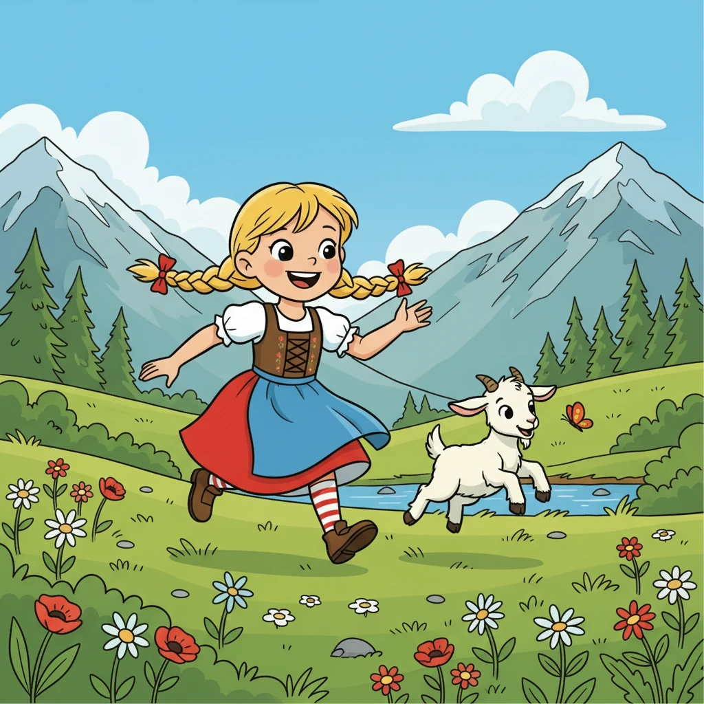 Heidi hat eine beste Freundin, die kleine, weiße Ziege Blümchen. Blümchen ist so lieb und verspielt. Sie tollt den ganzen Tag herum und hat immer gute Laune.