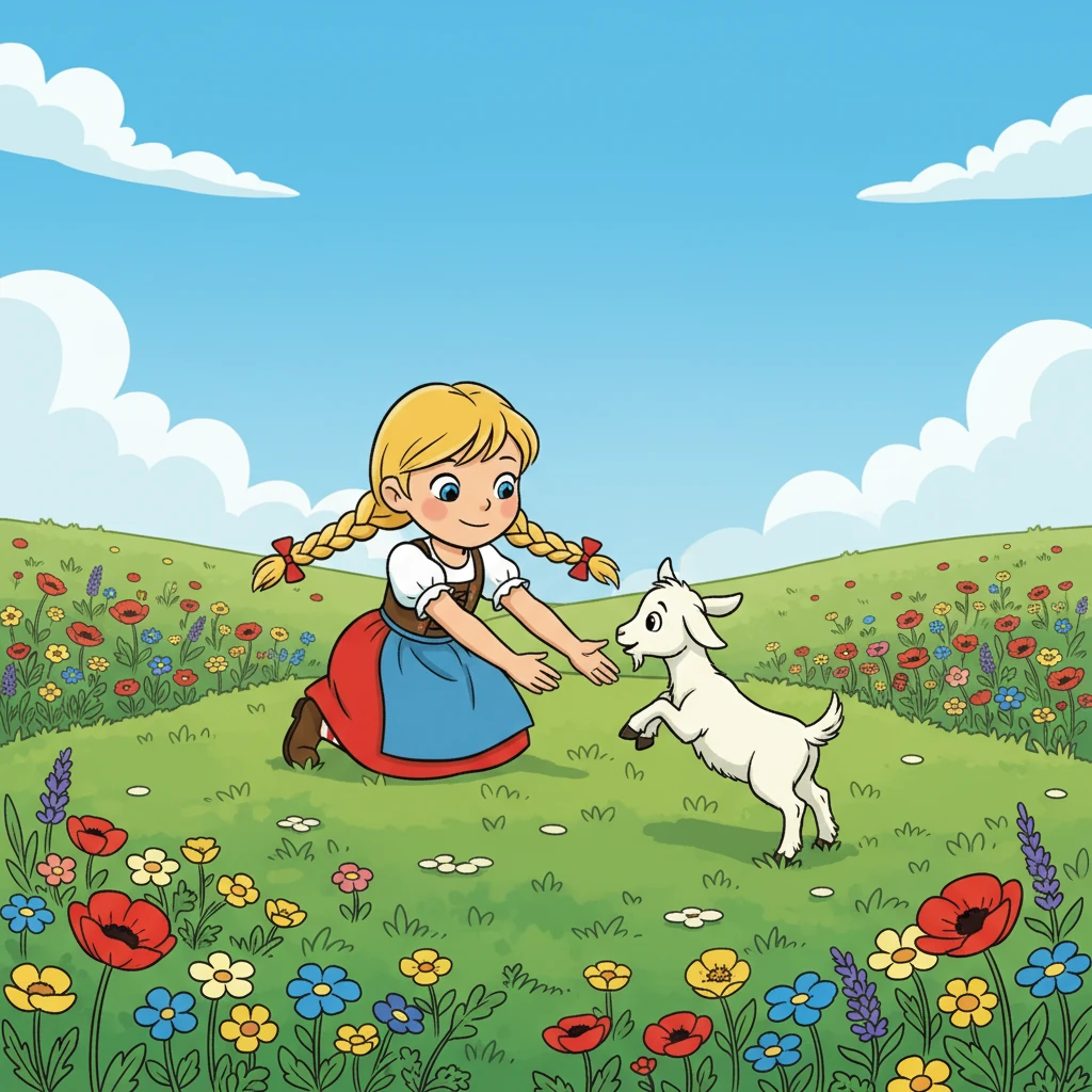 Jeden Morgen gehen Heidi und Blümchen auf die große, grüne Wiese. Überall blühen bunte Blumen, und das Gras duftet herrlich frisch. Die beiden spielen gerne im Gras.