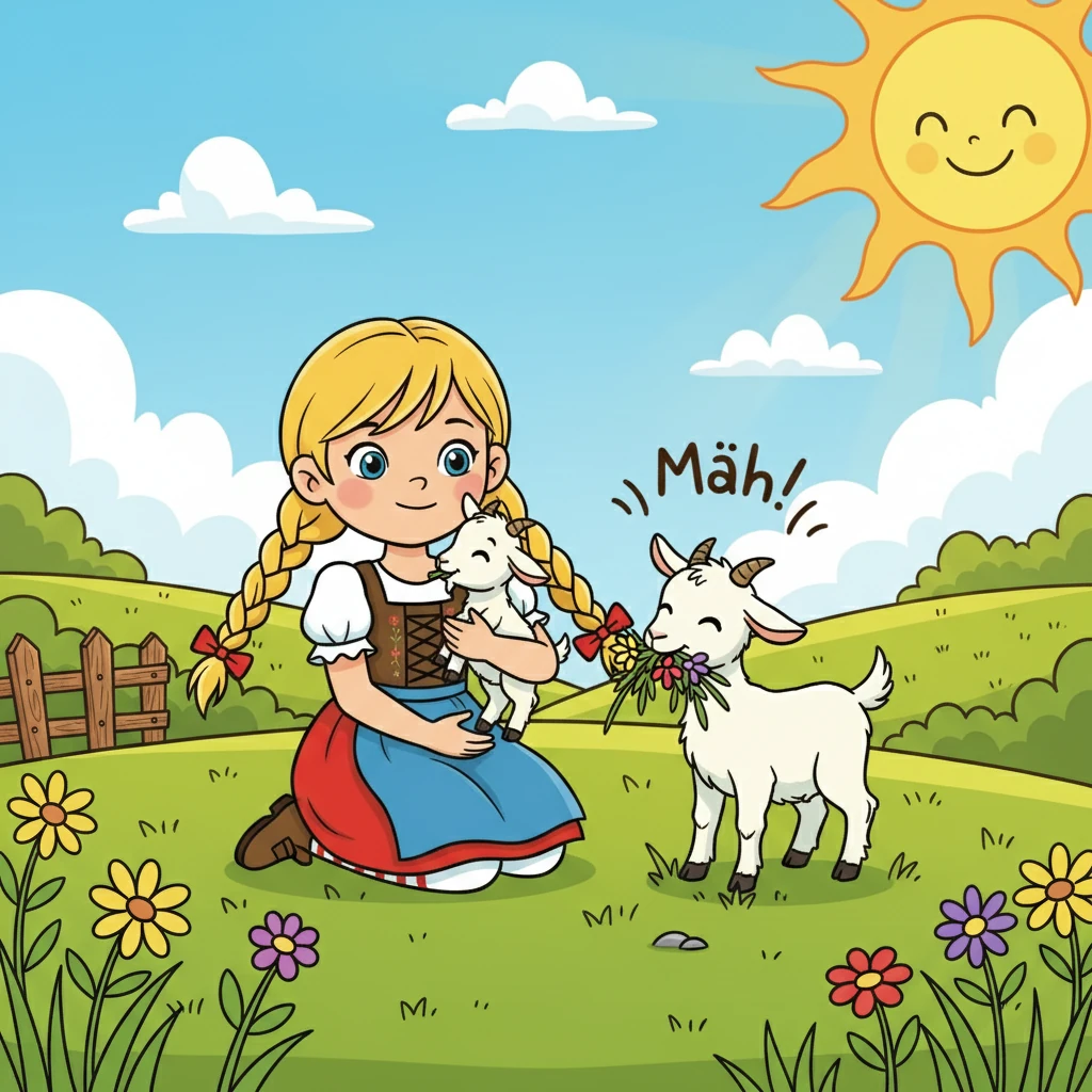 Blümchen hat Hunger und frisst genüsslich die süßen Blumen und das saftige Gras. "Mäh!" sagt Blümchen, und Heidi weiß, dass es ihr schmeckt. Die Sonne wärmt sie.