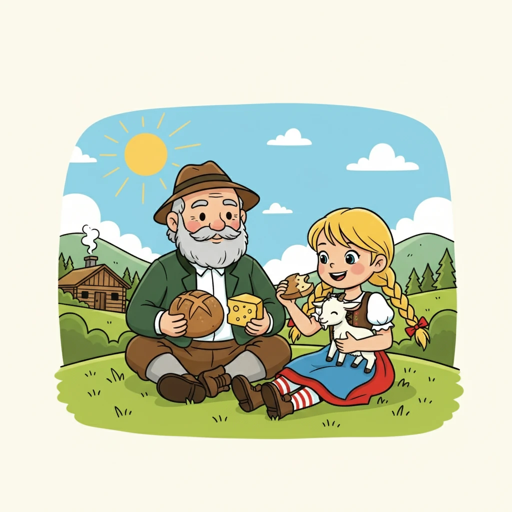 Heidis Großvater kommt aus dem Haus und gibt ihr Brot und Käse. Heidi bedankt sich und gibt Blümchen ein Stück von ihrem Brot ab. Sie sitzen zusammen im Gras und genießen die Sonne.