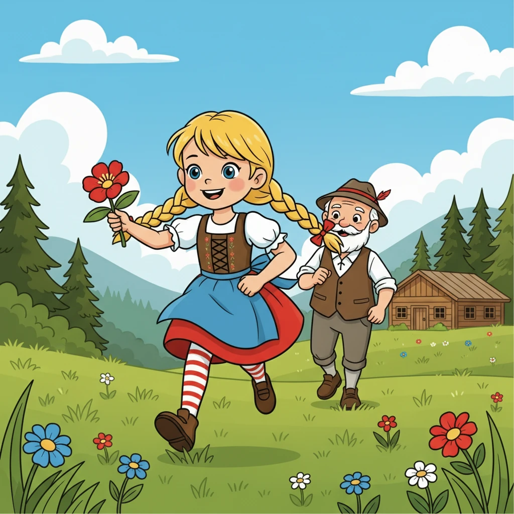 Plötzlich entdeckt Heidi etwas Rotes im Gras. Es ist eine wunderschöne Alpenrose, die sie ihrem Großvater schenken möchte. Gemeinsam rennen sie zurück zum Haus, wo der Großvater bereits auf sie wartet.