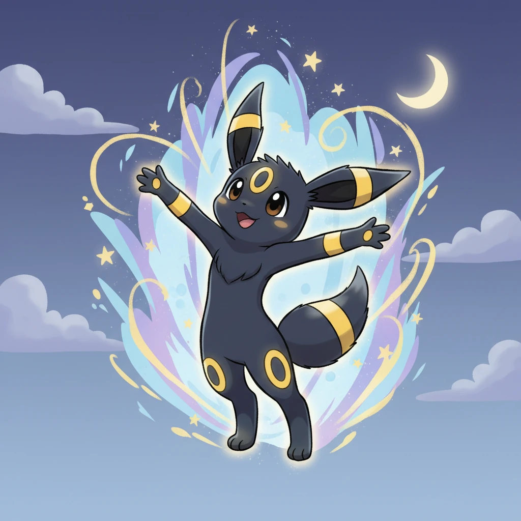 With a burst of starlight and a graceful swirl, Bianca transformed, her form stretching and shifting into the sleek, elegant silhouette of an Umbreon. Her new rings glowed with a vibrant, inner light, reflecting the profound love and passion she now fully embraced. She stood tall, a vision of midnight beauty.