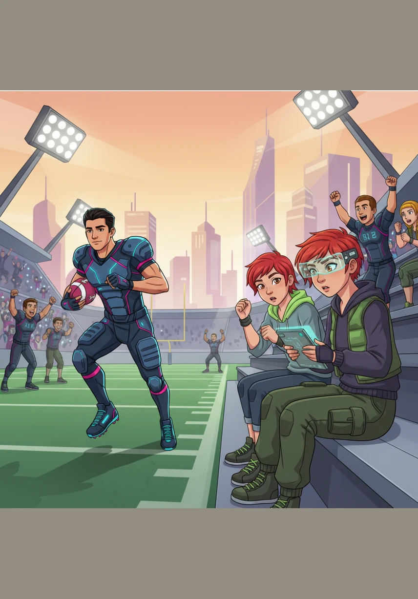 On the green football field, Rishi sprints with the ball, his teammates cheering from the sidelines. Brianna sits in the bleachers with her best friend Emily, her gaze fixed on the mid-field player, unaware that her secret crush has become the talk of the entire school.