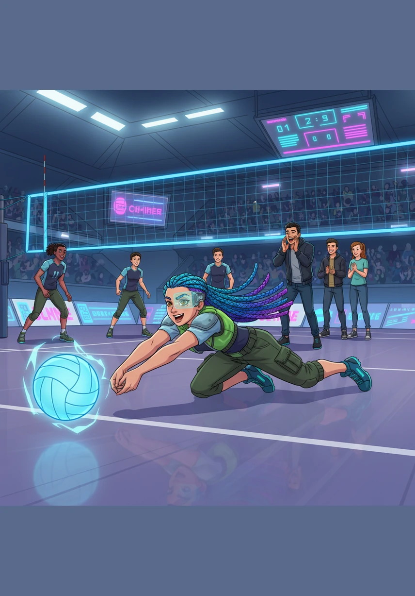 The gymnasium echoes with the sounds of a high-stakes volleyball match as Brianna dives for a save with athletic grace. In the stands, Rishi cheers loudly alongside his friends, his usual calm and smart demeanor replaced by genuine excitement for Brianna’s success on the court.