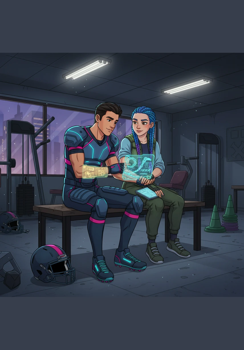 After the school lights have dimmed, Rishi finds Brianna in the practice room struggling with a difficult passage in her sheet music. He sits beside her, his gentle guidance and kind smile making the complex notes seem suddenly simple and sweet in the quiet evening air.