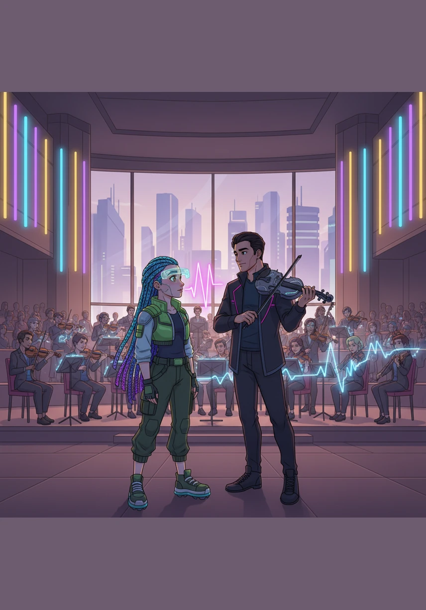 Under the glowing lights of the concert hall, the orchestra performs their final piece with breathtaking harmony. As the last note fades into a beautiful silence, Brianna finds the courage to look at Rishi, finally realizing that the melody they have been playing all along was meant for each other.