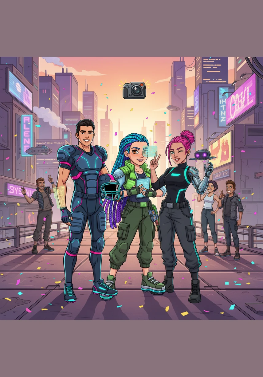 The story concludes with a vibrant group photo of the friends, their instruments in hand and sports jerseys worn with pride. Rishi and Brianna stand at the center, their hands nearly touching and smiles wide, ready to start a new movement in their lives together.