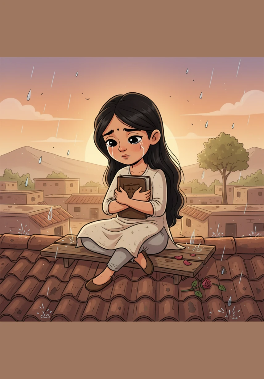 On the old roof of the last house in the village, eleven-year-old Ananya sits under the orange glow of the setting sun, clutching an old diary to her chest as tears fall silently. She misses her mother, Radha, who passed away three years ago, yet she feels her presence in the scent of roses and the first drops of rain hitting the tiles.