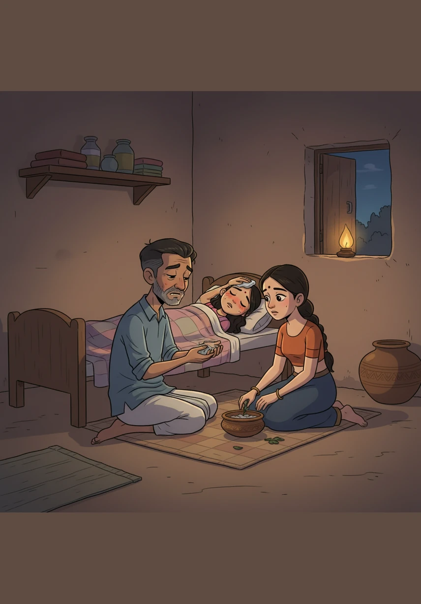 One evening, Ananya returns from school with a burning fever, her body shaking as her father, Ramu, watches over her with a broken heart. The village doctor sighs, explaining to the worried father that medicine cannot cure the deep ache of a child who simply needs her mother’s love to find the strength to heal.