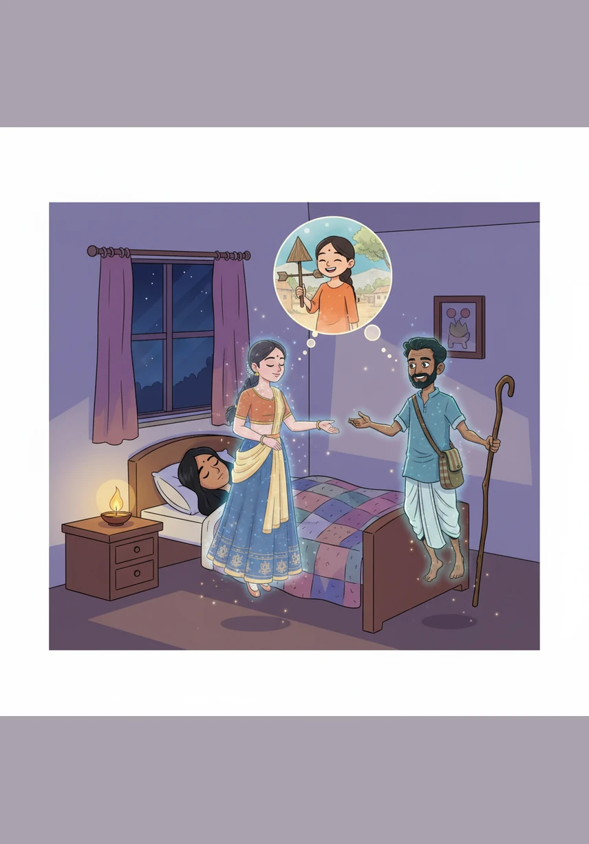That night, Ananya falls into a peaceful sleep and sees her mother in a vivid dream, dressed in a shimmering white saree and holding a single red rose. Radha smiles warmly and places a hand on her daughter's head, promising that she hasn't left but has simply transformed into Ananya’s courage and her helping voice.