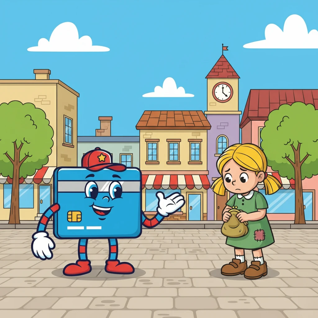 Credit Card Cam, a friendly, talking credit card with a big smile, lived in a colorful, bustling town called Spendville. He loved to help people buy things, but sometimes, he worried about how much they were spending. One sunny morning, Cam met Debbie Debt, a little girl who always seemed to be in a financial pickle.